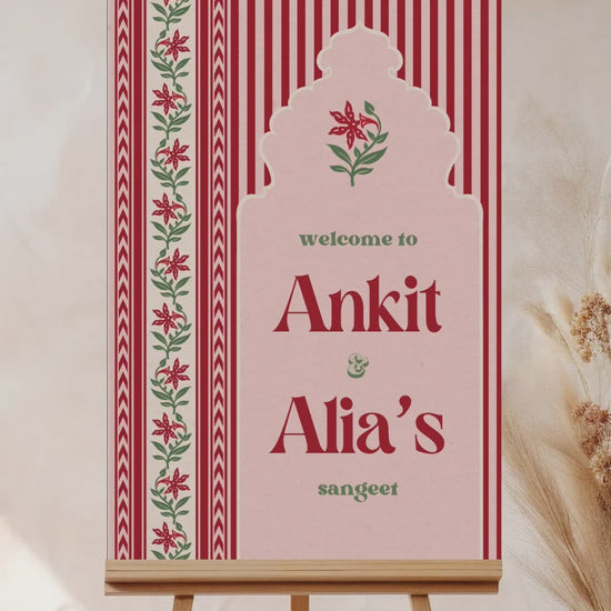 Jaipur block print Welcome Sign with florals stripes and chevron pattern in the shades of red, pink, and beige. Indian Wedding Events like jago, sangeet, mehndi, haldi, chunni & maiyan. Inspired by Villa Palladio Jaipur. Palace Arches. Traditional and modern indian design. Personalize and customize in Canva. Print at any local printer around the World.