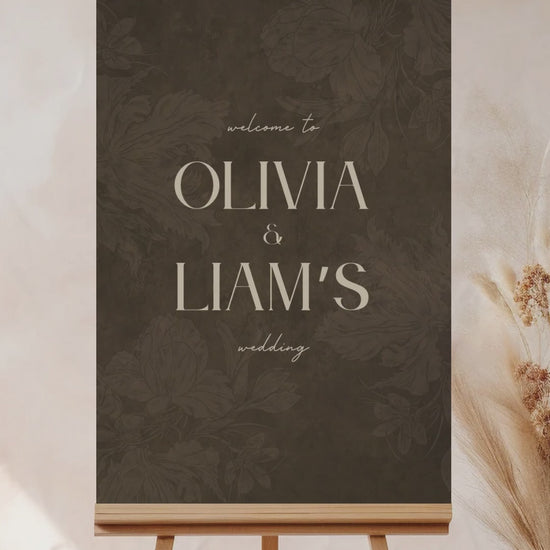 Wedding welcome sign in a minimalistic style. Event signage. In a navy blue texture wash. Stationery for various event celebrations. Wedding, engagement stationery. Personalize and customize in Canva. Print at any local printer around the World. Brown, Tan, stone colour. Velvet texture