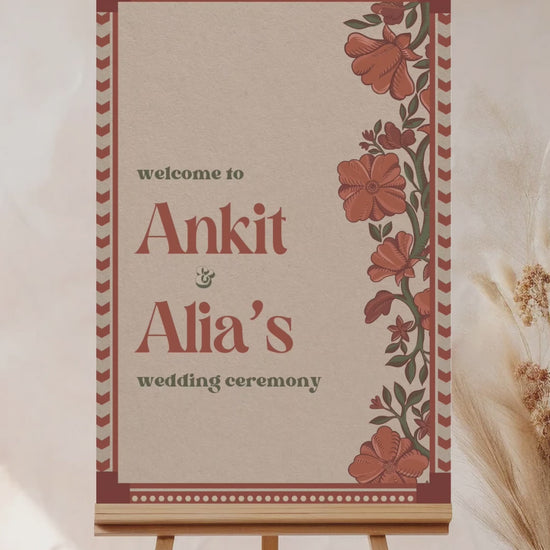 Wedding Invitations. Retro Welcome Sign. Indian Wedding Invites. Event Welcome Sign. Burnt Orange and beige colours. Orange florals. Birthday and Celebration. Wedding Ceremony. Engagement Sign. Wedding Stationery. DIY Stationery. Digital Download. Canva. Indian Weddings. Anand Karaj. Sangeet. Chunni. Mehndi, Haldi. Personalize. Customize.