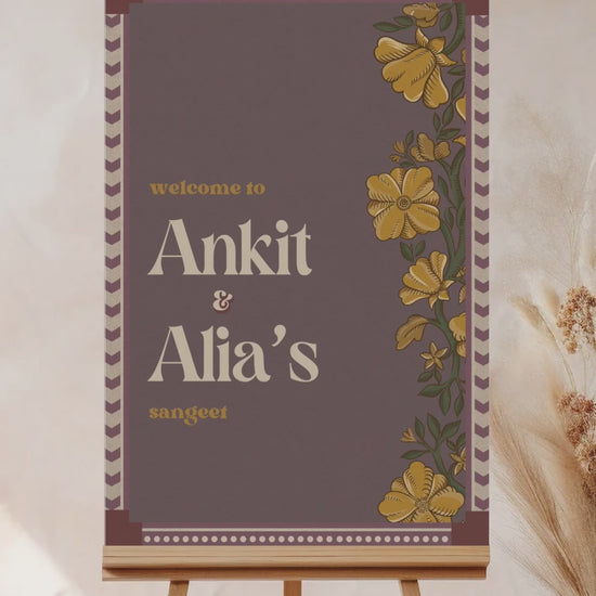 Wedding Invitations. Retro Welcome Sign. Indian Wedding Invites. Event Welcome Sign. Wine Purple, yellow and beige colours. Yellow florals. Birthday and Celebration. Wedding Ceremony. Engagement Sign. Wedding Stationery. DIY Stationery. Digital Download. Canva. Indian Weddings. Anand Karaj. Sangeet. Chunni. Personalize. Customize.