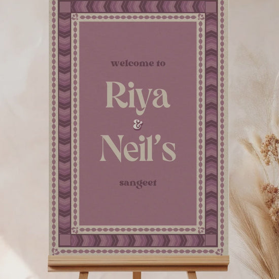 Wedding Invitations. Retro Welcome Sign. Indian Wedding Invites. Event Welcome Sign. Wine Purple, and beige colours. Chevron pattern. Birthday and Celebration. Wedding Ceremony. Engagement Sign. Wedding Stationery. DIY Stationery. Digital Download. Canva. Indian Weddings. Anand Karaj. Sangeet. Chunni. Mehndi, Haldi. Personalize. Customize.