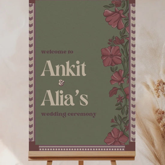Wedding Invitations. Retro Welcome Sign. Indian Wedding Invites. Event Welcome Sign. Wine Purple, Green and beige colours. Wine Purple florals. Birthday and Celebration. Wedding Ceremony. Engagement Sign. Wedding Stationery. DIY Stationery. Digital Download. Canva. Indian Weddings. Anand Karaj. Sangeet. Chunni. Mehndi, Haldi. Personalize. Customize.