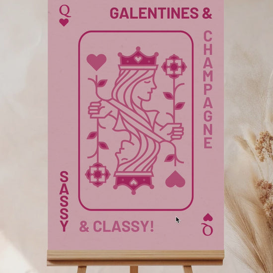 Hot Pink Queen of Hearts Welcome Sign. Celebrations events for Galentines, Valentines, Girls Night, Stag or Bridal Shower. Signage. Pretty in Pink. Personalize and customize in Canva. Digital Download. Print around the world at a local print shop.