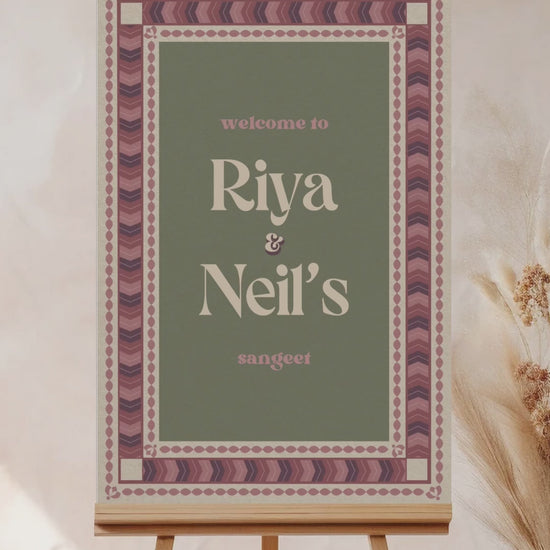 Retro Wedding Welcome Sign. Event Welcome Sign. Shades of purple, green and beige. Chevron Pattern. Baby Shower. Birthday and Celebration. Engagement Stationery. Wedding Stationery. DIY Stationery. Digital Download. Canva. Indian Weddings. Reception. Personalize. Customize. Anand Karaj, Mehndi, Sangeet, Haldi