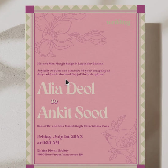 Retro Wedding Invitation Set in the shades of blue, green, light pink, hot pink, beige and green and pastel colours. With orange marigold floral. Jaipur block print artwork. It has line drawn florals and birds. Sized at 5 inches x 7 inches with front and back design options. Indian Wedding Invitation Set. Personalize and customize in Canva. Print at any local printer around the World. Florals & Birds