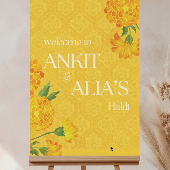 Retro Floral Wedding Welcome Sign. Event Welcome Sign. Shades of yellow. Baby Shower. Yellow magnolia florals. Indian Wedding. Birthday and Celebration. Engagement Stationery. Wedding Stationery. DIY Stationery. Digital Download. Canva. Indian Weddings. Reception. Personalize. Customize. Anand Karaj, Mehndi, Sangeet, Haldi