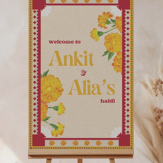 Retro Floral Wedding Welcome Sign. Event Welcome Sign. Shades of yellow, red and beige. Baby Shower. Yellow magnolia florals. Indian Wedding. Birthday and Celebration. Engagement Stationery. Wedding Stationery. DIY Stationery. Digital Download. Canva. Indian Weddings. Reception. Personalize. Customize. Anand Karaj, Mehndi, Sangeet, Haldi