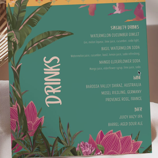 Tropical Jungle Wedding Bar Menu with palm trees & pink florals. Reception bar menu. Birthday dink menu. Editable drink menu in Canva. Indian Wedding events for Sangeet, Haldi, Maiyan or Jago. Wedding Signage. The bar or drinks sign. Drink menu. 8" x 10" menu design. Personalize and customize in Canva. Digital Download.  Print around the world at a local print shop.