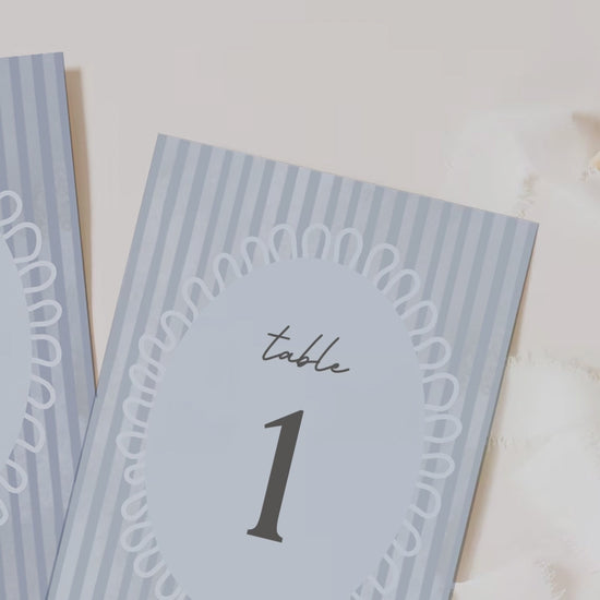 Striped table numbers. Bridal shower table numbers. blue, light blue. Wedding table decor. Corporate event table number. Guest seating. Find your table. Celebration events for engagement, birthday, baby shower or weddings. Wedding & event stationery. Personalize & customize in Canva. Digital Download. Print around the world at a local print shop