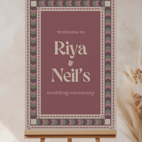 Retro Wedding Welcome Sign. Event Welcome Sign. Shades of purple, green and beige. Chevron Pattern. Baby Shower. Birthday and Celebration. Engagement Stationery. Wedding Stationery. DIY Stationery. Digital Download. Canva. Indian Weddings. Reception. Personalize. Customize. Anand Karaj, Mehndi, Sangeet, Haldi