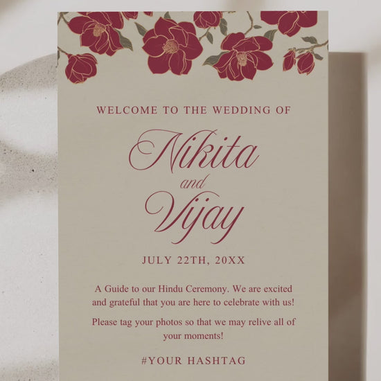Rose Red & Gold Floral Wedding program card with a beige background. Wedding steps for hindu ceremony. Wedding program for sikh weddings. Wedding program steps ceremonies. Bridal Shower stationery. Baby Shower Signage. Personalize and customize in Canva. Digital Download. Print anywhere in the World at your local printer