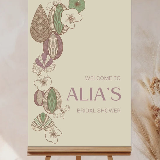 Soft floral & elephant welcome sign for event celebrations. Soft yellow. Signage for various celebrations. Weddings, Gender Reveal, Baby Shower, Birthdays. Personalize and customize in Canva. Print at any local printer around the World
