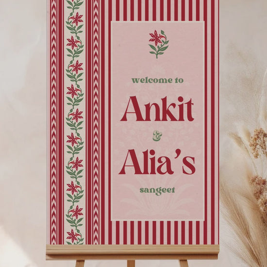 Jaipur block print Welcome Sign with florals stripes and chevron pattern in the shades of red, pink, and beige. Indian Wedding Events like jago, sangeet, mehndi, haldi, chunni & maiyan. Inspired by Villa Palladio Jaipur. Palace Arches. Traditional and modern indian design. Personalize and customize in Canva. Print at any local printer around the World.