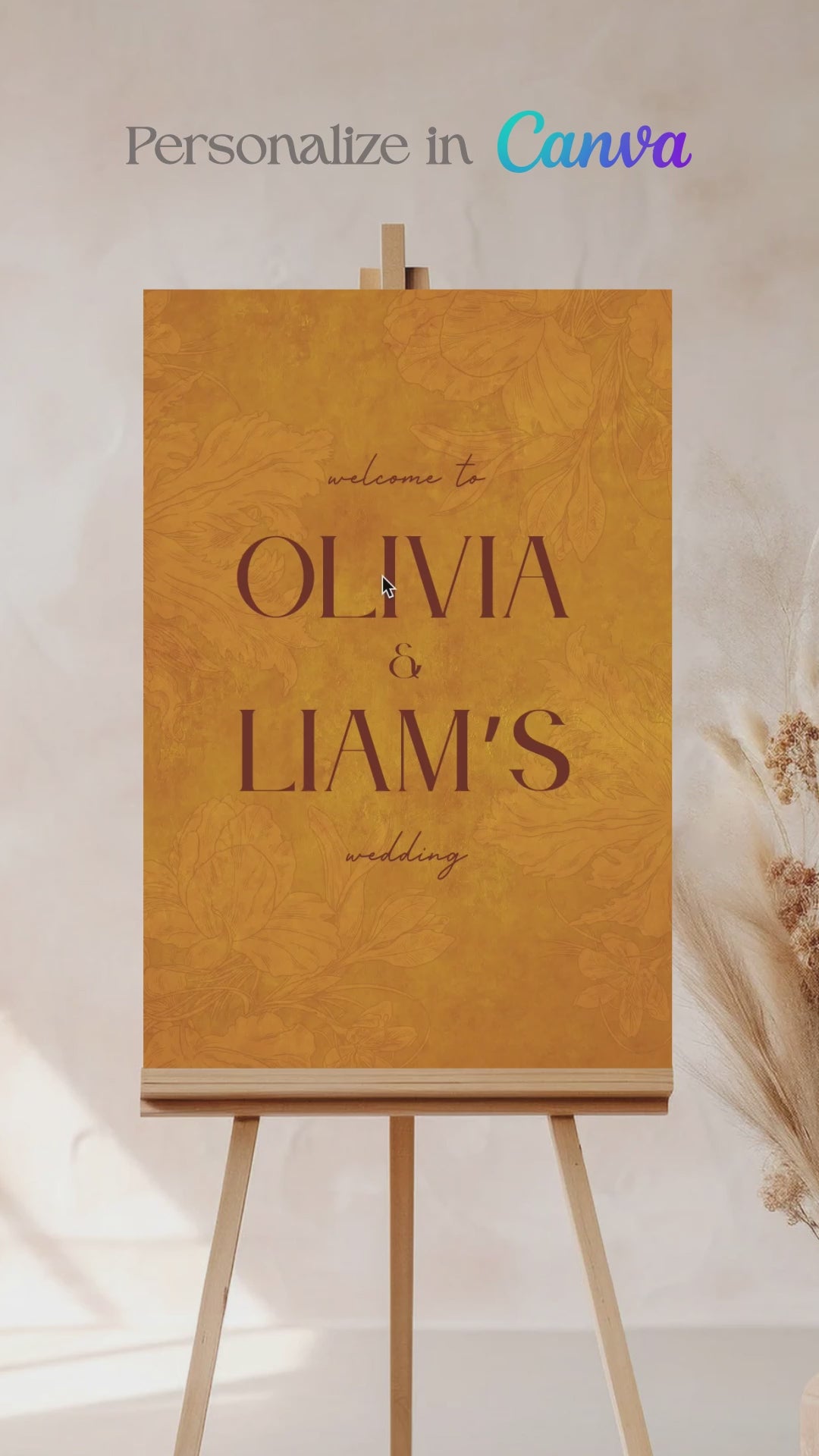 Wedding welcome sign in a minimalistic style. Event signage. In a navy blue texture wash. Stationery for various event celebrations. Wedding, engagement stationery. Personalize and customize in Canva. Print at any local printer around the World. yellow, gold, mustard yellow colour. Velvet texture