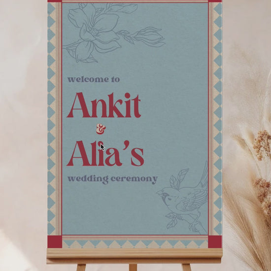 Retro Floral Wedding Welcome Sign. Event Welcome Sign. Shades of blue, red and beige. Baby Shower. Indian Wedding. Birthday and Celebration. Engagement Stationery. Wedding Stationery. DIY Stationery. Digital Download. Canva. Indian Weddings. Reception. Personalize. Customize. Anand Karaj, Mehndi, Sangeet, Haldi