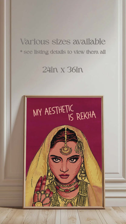 Rekha poster, rekha wall art, Bollywood actress, iconic actress rekha, umrao jaan poster. My Aesthetic is Rekha. Regal Indian Women. Queen of hearts. 90s movie classic. In aankhon ki masti mein. Wall Art, Home Decor, Office Decor. Retro wall art poster. Iconic. Digital wall art