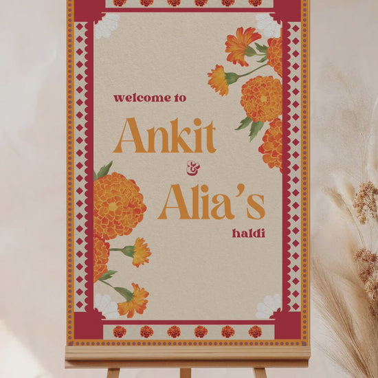 Retro Floral Wedding Welcome Sign. Event Welcome Sign. Shades of orange, red and beige. Baby Shower. Orange magnolia florals. Indian Wedding. Birthday and Celebration. Engagement Stationery. Wedding Stationery. DIY Stationery. Digital Download. Canva. Indian Weddings. Reception. Personalize. Customize. Anand Karaj, Mehndi, Sangeet, Haldi