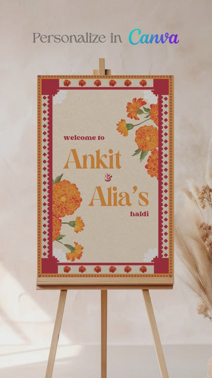 Retro Floral Wedding Welcome Sign. Event Welcome Sign. Shades of orange, red and beige. Baby Shower. Orange magnolia florals. Indian Wedding. Birthday and Celebration. Engagement Stationery. Wedding Stationery. DIY Stationery. Digital Download. Canva. Indian Weddings. Reception. Personalize. Customize. Anand Karaj, Mehndi, Sangeet, Haldi