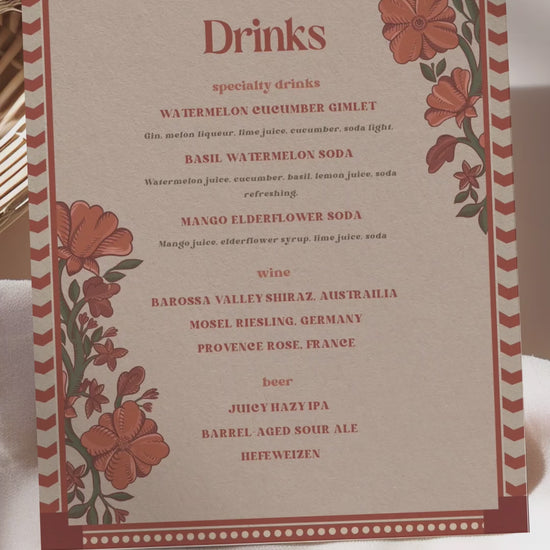 Retro Wedding Bar Menu with terracotta & rust marigold florals. Indian Wedding events for Sangeet, Haldi, Maiyan or Jago. Wedding Signage. Wedding signature drink editable menu. Canva template. The bar or drinks sign. Drink menu. 8" x 10" menu design. Personalize and customize in Canva. Digital Download.  Print around the world at a local print shop.
