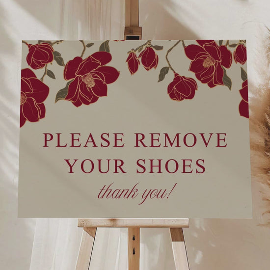 Rose Red & Gold Floral Wedding Signage with a beige background. Washroom Directional sign. Please cover your head sign for hindu and sikh weddings. Please disconnect from your device sign. Bridal Shower stationery. Baby Shower Signage. Engagement Signage. Outdoor wedding signage. Personalize and customize in Canva. Digital Download. Print anywhere in the World at your local printer