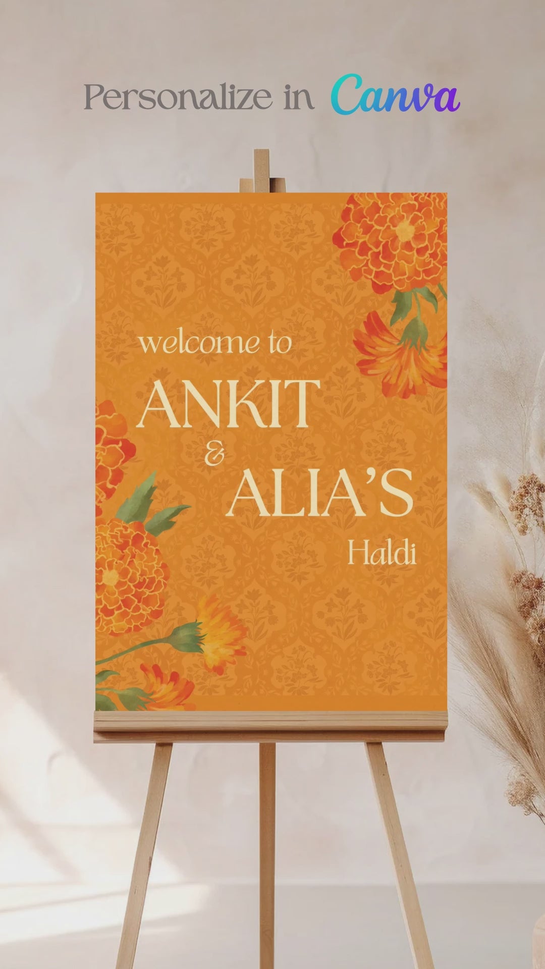 Floral Wedding Welcome Sign. Event Welcome Sign. Shades of Orange and yellow. Orange magnolio florals. Baby Shower. Indian Wedding. Birthday and Celebration. Engagement Stationery. Wedding Stationery. DIY Stationery. Digital Download. Canva. Indian Weddings. Reception. Personalize. Customize. Anand Karaj, Mehndi, Sangeet, Haldi