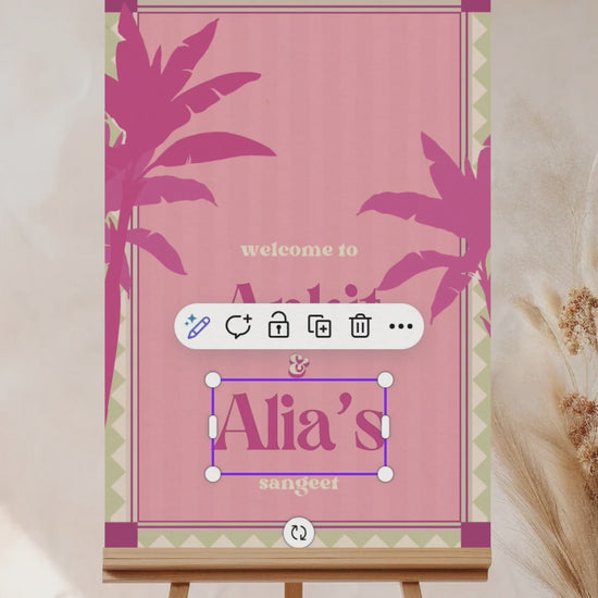 Retro Tropical Palm Tree Wedding Welcome Sign with pink & purple palm trees. In the shades of baby pink, hot pink, green & beige. Tropical Jungle theme event. Indian Wedding Events like engagement, baby shower, bridal shower, jago, sangeet, mehndi, haldi, wedding & maiyan. Personalize and customize in Canva. Print at any local printer around the World.