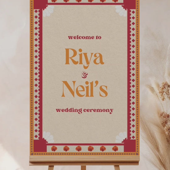 Retro Floral Wedding Welcome Sign. Event Welcome Sign. Shades of orange, red and beige. Baby Shower. Orange magnolia florals. Indian Wedding. Birthday and Celebration. Engagement Stationery. Wedding Stationery. DIY Stationery. Digital Download. Canva. Indian Weddings. Reception. Personalize. Customize. Anand Karaj, Mehndi, Sangeet, Haldi