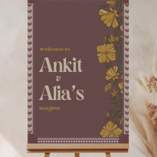 Wedding Invitations. Retro Welcome Sign. Indian Wedding Invites. Event Welcome Sign. Wine Purple, Yellow and beige colours. Yellow florals. Birthday and Celebration. Wedding Ceremony. Engagement Sign. Wedding Stationery. DIY Stationery. Digital Download. Canva. Indian Weddings. Anand Karaj. Sangeet. Chunni. Mehndi, Haldi. Personalize. Customize.