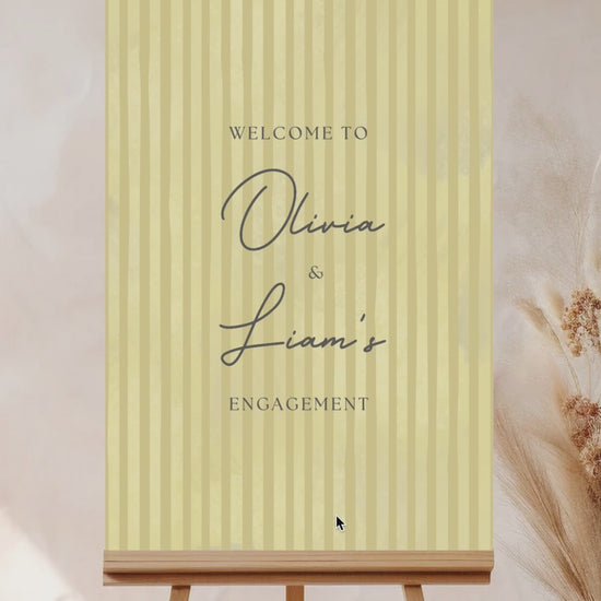 Soft stripped welcome sign for event celebrations. Soft yellow. Signage for various celebrations. Weddings, Engagement, Baby Shower, Birthdays, Gender Reveal. Personalize and customize in Canva. Print at any local printer around the World