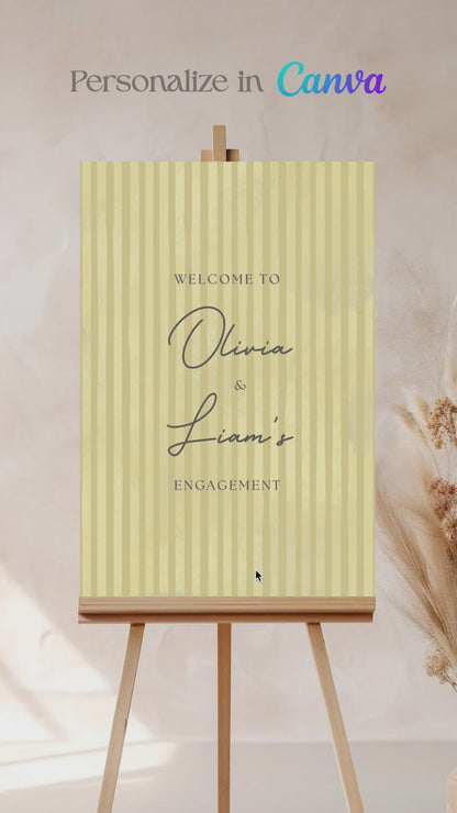 Soft stripped welcome sign for event celebrations. Soft yellow. Signage for various celebrations. Weddings, Engagement, Baby Shower, Birthdays, Gender Reveal. Personalize and customize in Canva. Print at any local printer around the World