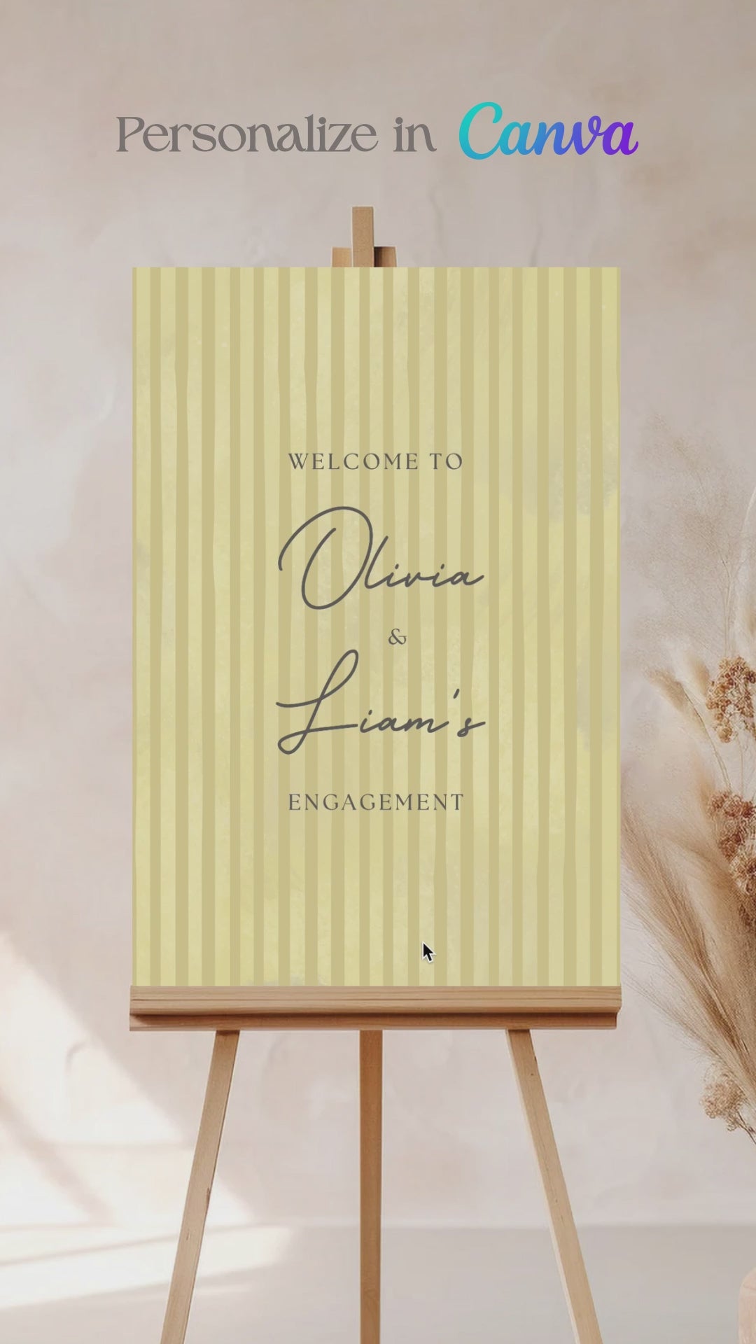Soft stripped welcome sign for event celebrations. Soft yellow. Signage for various celebrations. Weddings, Engagement, Baby Shower, Birthdays, Gender Reveal. Personalize and customize in Canva. Print at any local printer around the World