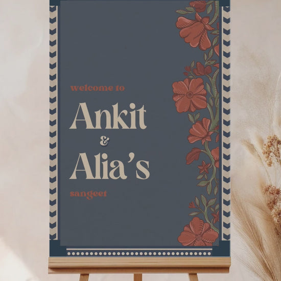 Wedding Invitations. Retro Welcome Sign. Indian Wedding Invites. Invitation set. Wedding and Event Welcome Sign. Blue and rust orange colours. Orange florals. Birthday and Celebration. Wedding Ceremony. Engagement Sign. Wedding Stationery. DIY Stationery. Digital Download. Canva. Indian Weddings. Anand Karaj. Sangeet. Chunni. Personalize. Customize