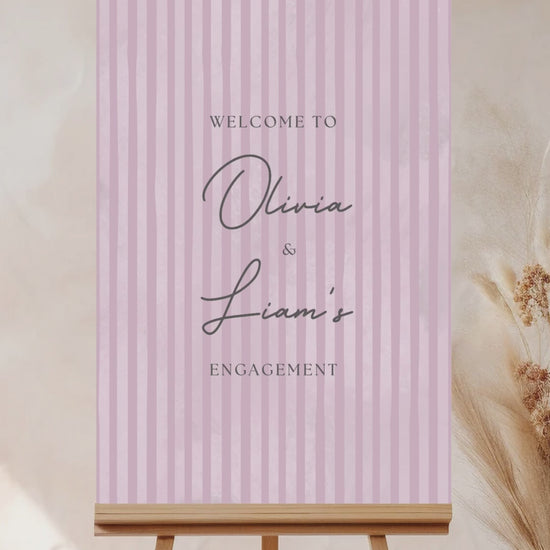 Soft stripped welcome sign for event celebrations. Soft pink. Signage for various celebrations. Weddings, Engagement, Baby Shower, Birthdays, Gender Reveal. Personalize and customize in Canva. Print at any local printer around the World
