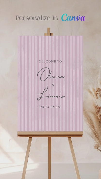 Soft stripped welcome sign for event celebrations. Soft pink. Signage for various celebrations. Weddings, Engagement, Baby Shower, Birthdays, Gender Reveal. Personalize and customize in Canva. Print at any local printer around the World