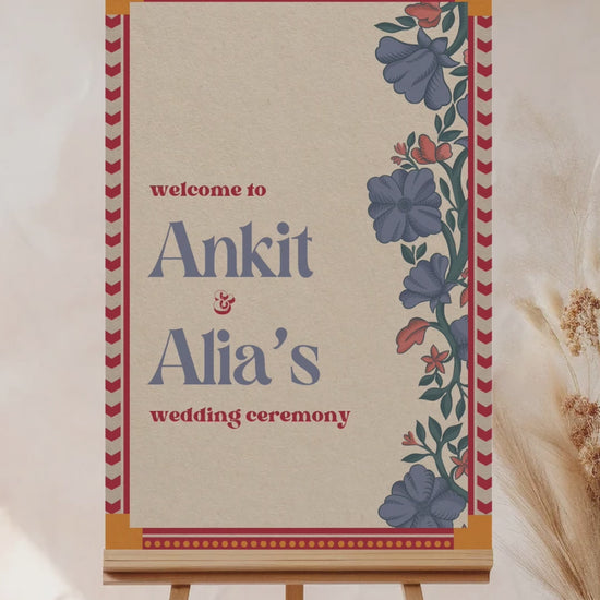 Retro Floral Wedding Welcome Sign. Event Welcome Sign. Shades of blue, red and beige. Blue florals. Baby Shower. Indian Wedding. Birthday and Celebration. Engagement Stationery. Wedding Stationery. DIY Stationery. Digital Download. Canva. Indian Weddings. Reception. Personalize. Customize. Anand Karaj, Mehndi, Sangeet, Haldi