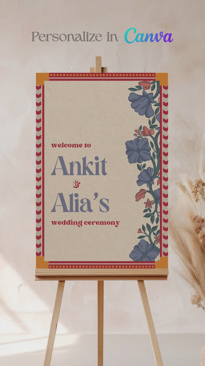 Retro Floral Wedding Welcome Sign. Event Welcome Sign. Shades of blue, red and beige. Blue florals. Baby Shower. Indian Wedding. Birthday and Celebration. Engagement Stationery. Wedding Stationery. DIY Stationery. Digital Download. Canva. Indian Weddings. Reception. Personalize. Customize. Anand Karaj, Mehndi, Sangeet, Haldi