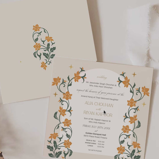 Floral Wedding Invitation Set in the shades of yellow, green, and beige. With orange marigold floral. Arched Design. Indian Wedding Invitation Set. Personalize and customize in Canva. Print at any local printer around the World. Florals & Birds