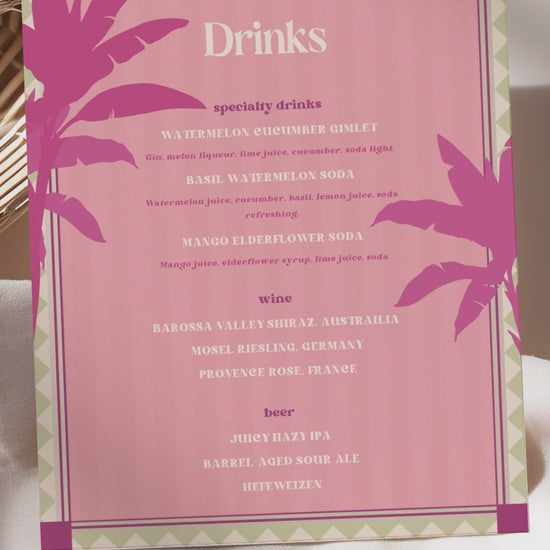 Tropical Summer Beach Wedding Bar Menu with pink palm trees & stripes. Reception bar menu. Birthday dink menu. Editable drink menu in Canva. Indian Wedding events for Sangeet, Haldi, Maiyan or Jago. Wedding Signage. The bar or drinks sign. Drink menu. 8" x 10" menu design. Personalize and customize in Canva. Digital Download.  Print around the world at a local print shop.
