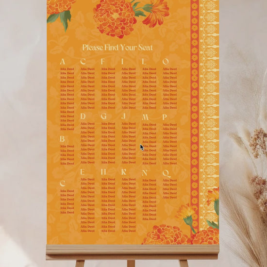 Wedding Seating Chart with yellow & orange marigold florals. Indian Wedding events for Sangeet, Haldi, Maiyan or Jago. Find your seat. Wedding Signage. Personalize and customize in Canva. Digital Download.  Print around the world at a local print shop.