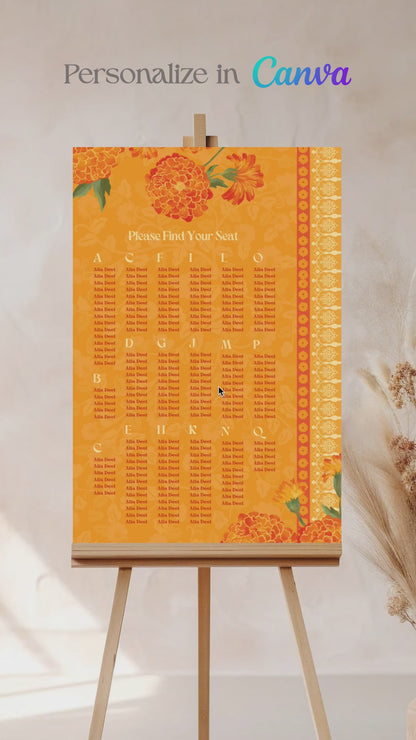 Wedding Seating Chart with yellow & orange marigold florals. Indian Wedding events for Sangeet, Haldi, Maiyan or Jago. Find your seat. Wedding Signage. Personalize and customize in Canva. Digital Download.  Print around the world at a local print shop.