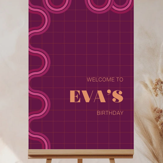 90s Retro Welcome Sign with waves & curves in the shades of pink, & yellow. Birthday Events, themed corporate events. Indian Wedding Events. Personalize and customize in Canva. Print at any local printer around the World.