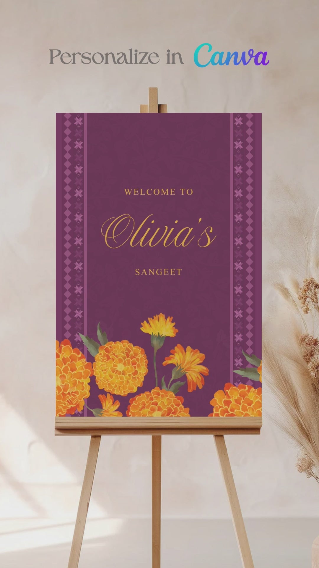 Wedding Welcome Sign with marigold florals in the shades of purple, yellow, & orange. phulkari. Indian Wedding Events like jago, sangeet, mehndi, haldi, chunni & maiyan. Personalize and customize in Canva. Print at any local printer around the World.