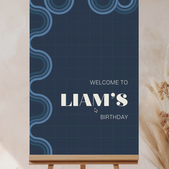 90s Retro Welcome Sign with waves & curves in the shades of blue, & white. Birthday Events, themed corporate events. Indian Wedding Events. Personalize and customize in Canva. Print at any local printer around the World.
