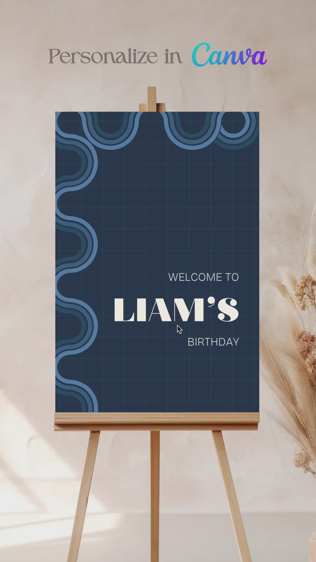 90s Retro Welcome Sign with waves & curves in the shades of blue, & white. Birthday Events, themed corporate events. Indian Wedding Events. Personalize and customize in Canva. Print at any local printer around the World.