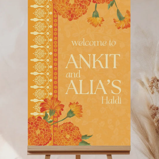 Floral Wedding Welcome Sign. Event Welcome Sign. Shades of Orange, yellow and beige. Orange magnolia florals. Baby Shower. Indian Wedding. Birthday and Celebration. Engagement Stationery. Wedding Stationery. DIY Stationery. Digital Download. Canva. Indian Weddings. Reception. Personalize. Customize. Anand Karaj, Mehndi, Sangeet, Haldi