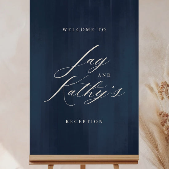Elegant Wedding Welcome Sign. Event Signage. Navy blue texture. Cursive font. Baby Shower. Birthday and Celebration. Engagement Stationery. Wedding Stationery. DIY Stationery. Digital Download. Canva. Indian Weddings. Reception. Personalize. Customize.