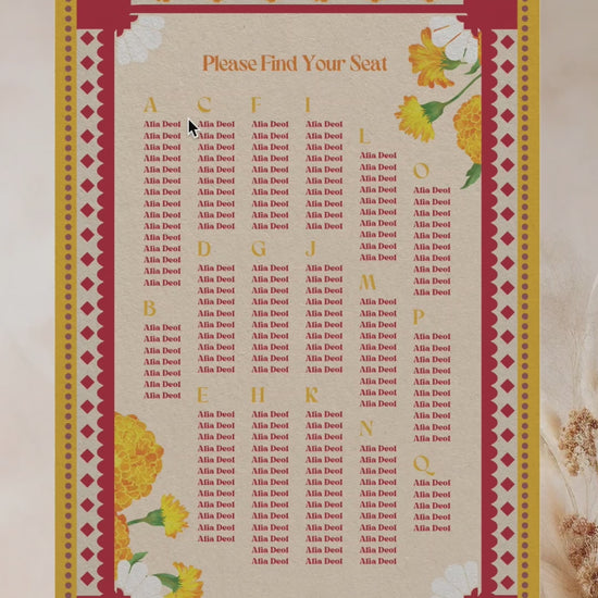 Retro Wedding Seating Chart with yellow & orange marigold florals. Indian Wedding events for Sangeet, Haldi, Maiyan or Jago. Wedding Signage. Personalize and customize in Canva. Digital Download.  Print around the world at a local print shop.