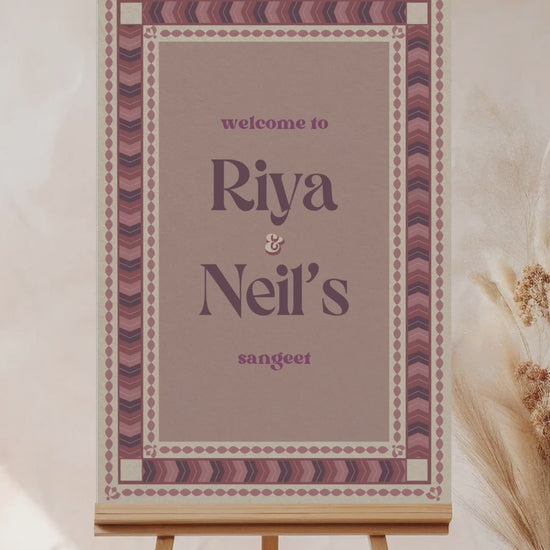 Retro Wedding Welcome Sign. Event Welcome Sign. Shades of purple, mauve and beige. Chevron Pattern. Baby Shower. Birthday and Celebration. Engagement Stationery. Wedding Stationery. DIY Stationery. Digital Download. Canva. Indian Weddings. Reception. Personalize. Customize. Anand Karaj, Mehndi, Sangeet, Haldi