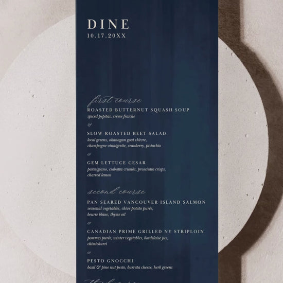 Elegant Wedding Dinner Menu. Event Food Menu. Navy blue texture. Cursive font. Baby Shower. Birthday and Celebration. Engagement Stationery. Wedding Stationery. DIY Stationery. Digital Download. Canva. Indian Weddings. Reception. Personalize. Customize.