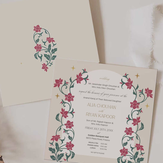 Floral Wedding Invitation Set in the shades of pink, green, and beige. With orange marigold floral. Arched Design. Indian Wedding Invitation Set. Personalize and customize in Canva. Print at any local printer around the World. Florals & Birds